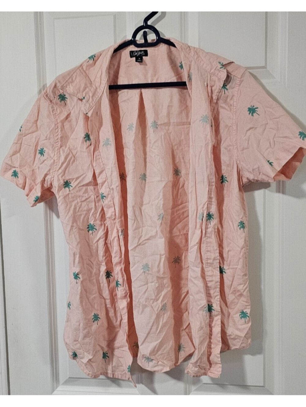 City Streets Button Down Shirt Mens Size Medium Peach Green Palm Trees
